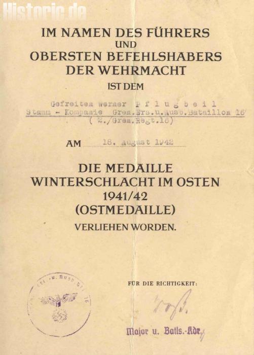 Verleihungsurkunde zur Ostmedaille 