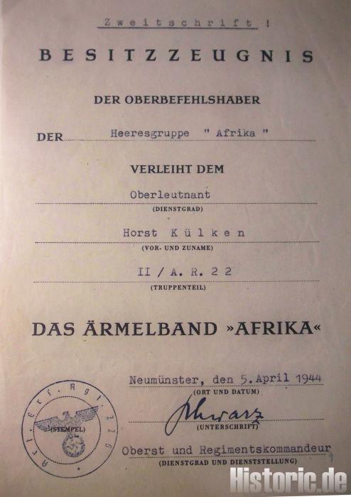 Verleihungsurkunde Ärmelband "Afrika"