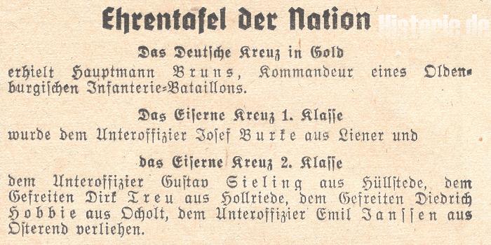 Zeitungsanzeige zum Deutschen Kreuz in Gold für Hauptmann Bruns