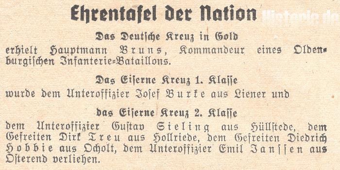 Zeitungsanzeige zum Deutschen Kreuz in Gold für Hauptmann Bruns