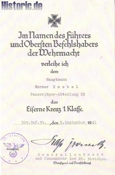 Verleihungsurkunde Eisernes Kreuz 1. Klasse