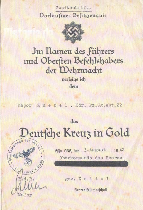 Verleihungsurkunde Deutsches Kreuz in Gold