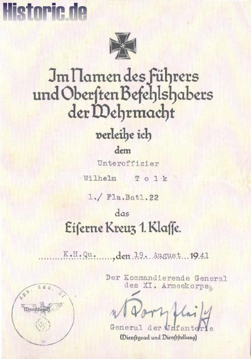 Verleihungsurkunde Eisernes Kreuz 1. Klasse