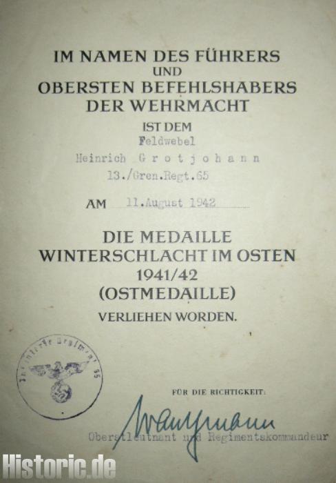 Verleihungsurkunde zur Ostmedaille 13./GR65